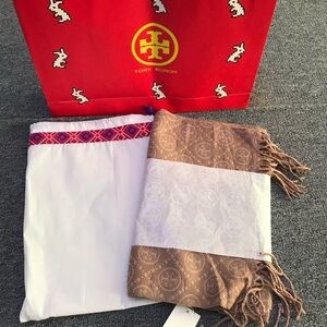 Tory Burch Tan Monogram Fringe Scarf
